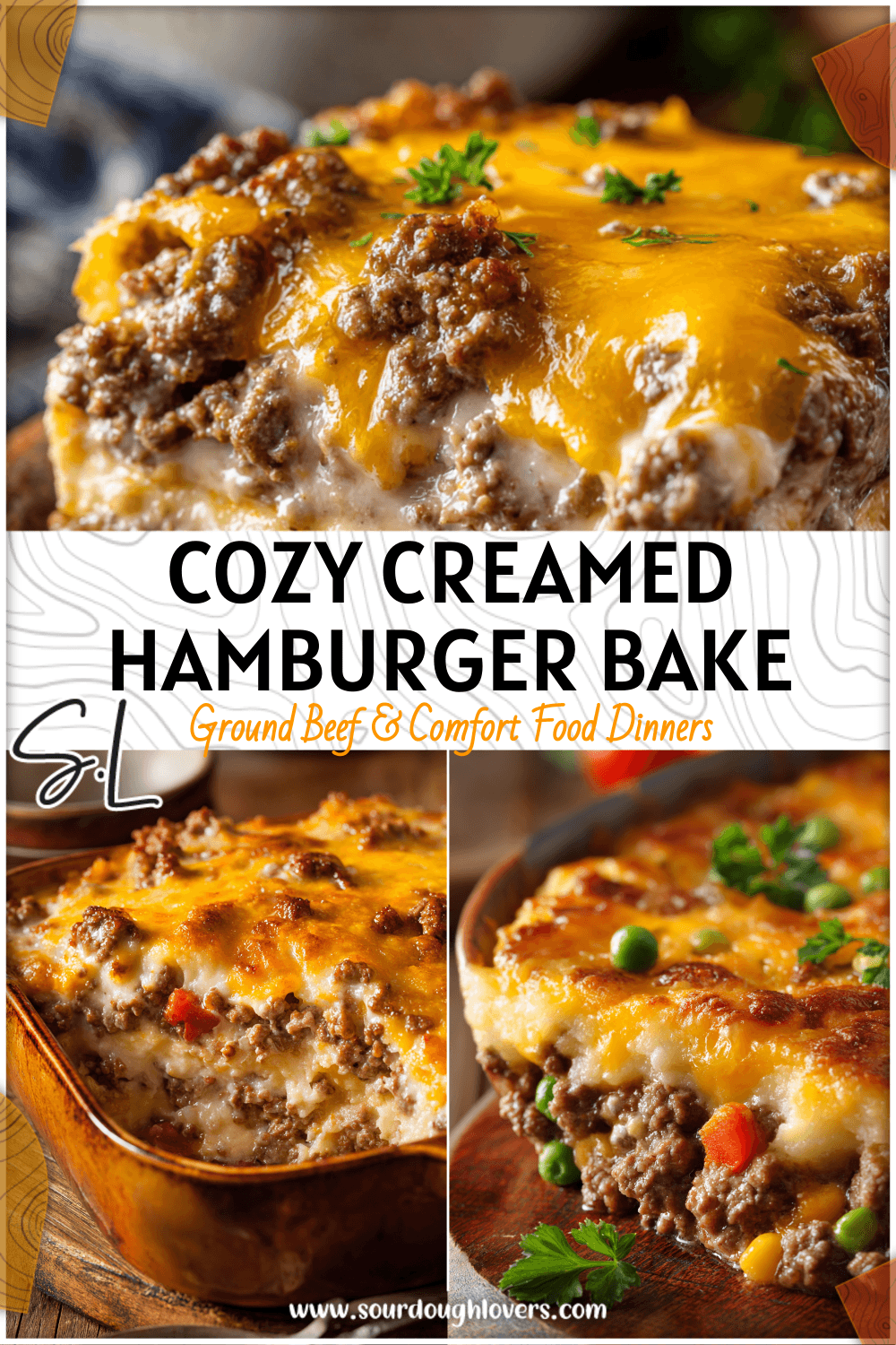 Baked creamed hamburger dish with melted cheese and beef layers in a rustic casserole pan.